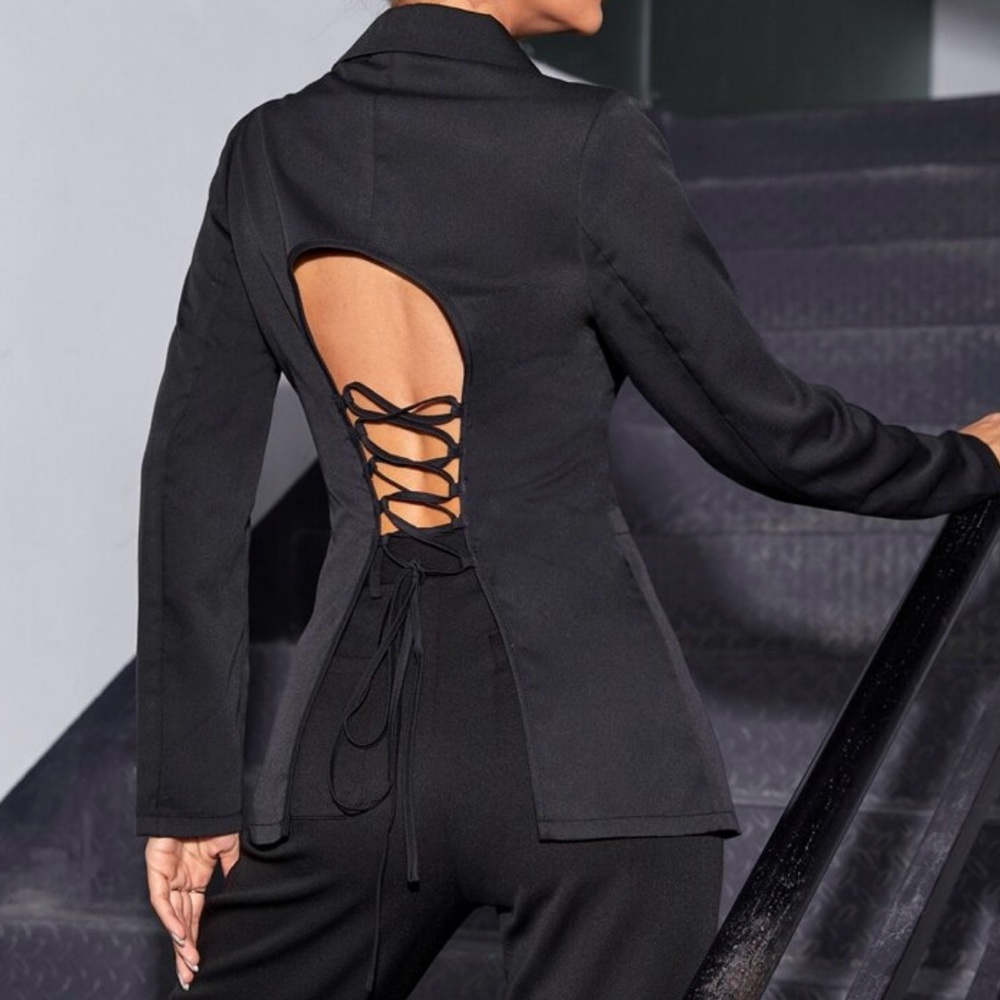 SHEIN Black Lace-Up Back Blazer